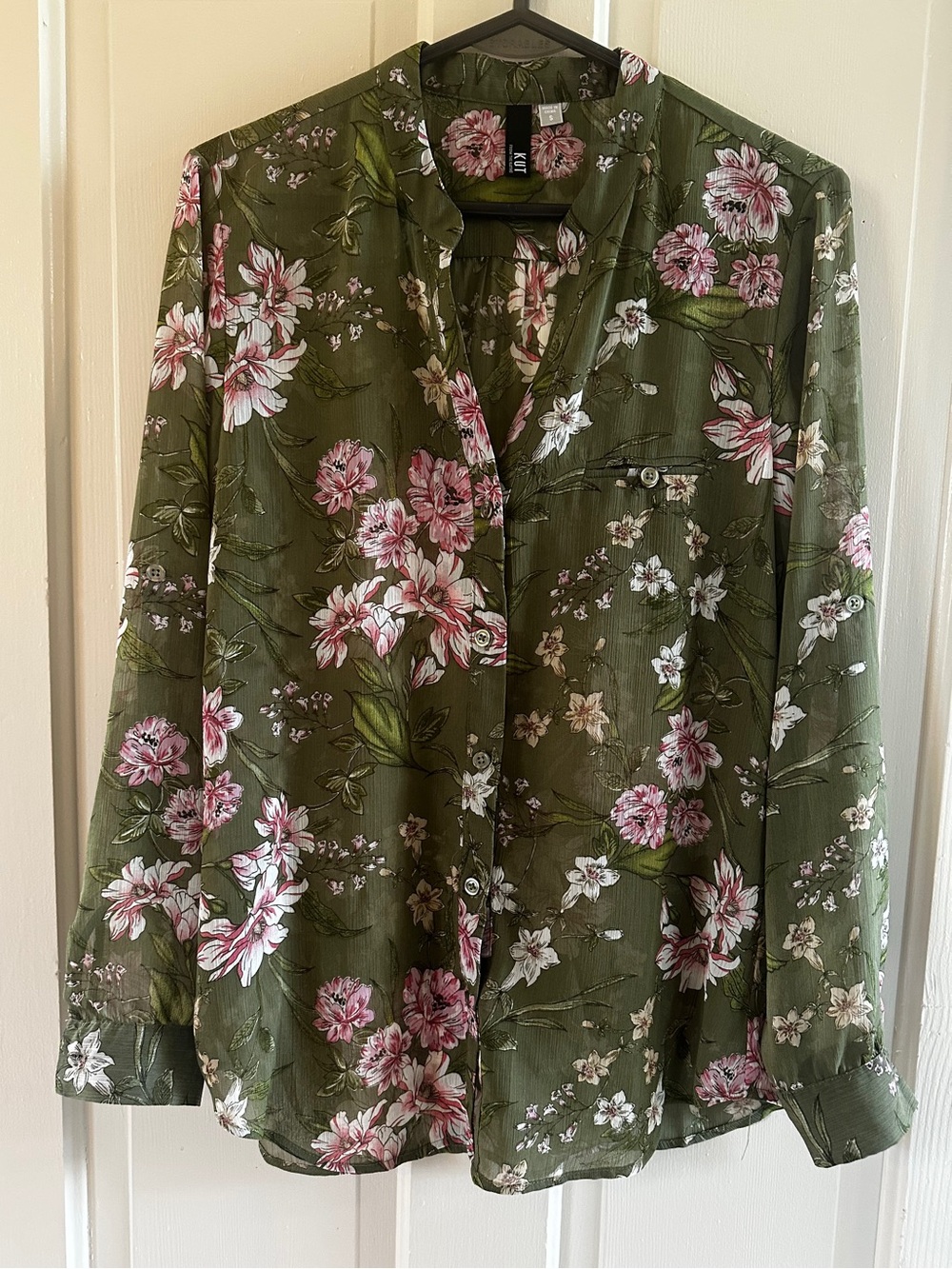 KUT From The Kloth Olive Green Floral Sheer Button Down Blouse Size Small